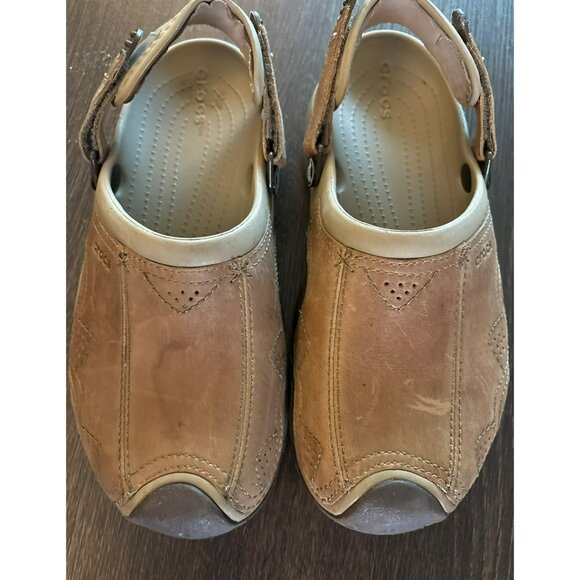 Crocs Swiftwater Men's Leather Tan Slip-On Shoes With Adjustable Heel Strap Siz - Picture 6 of 9